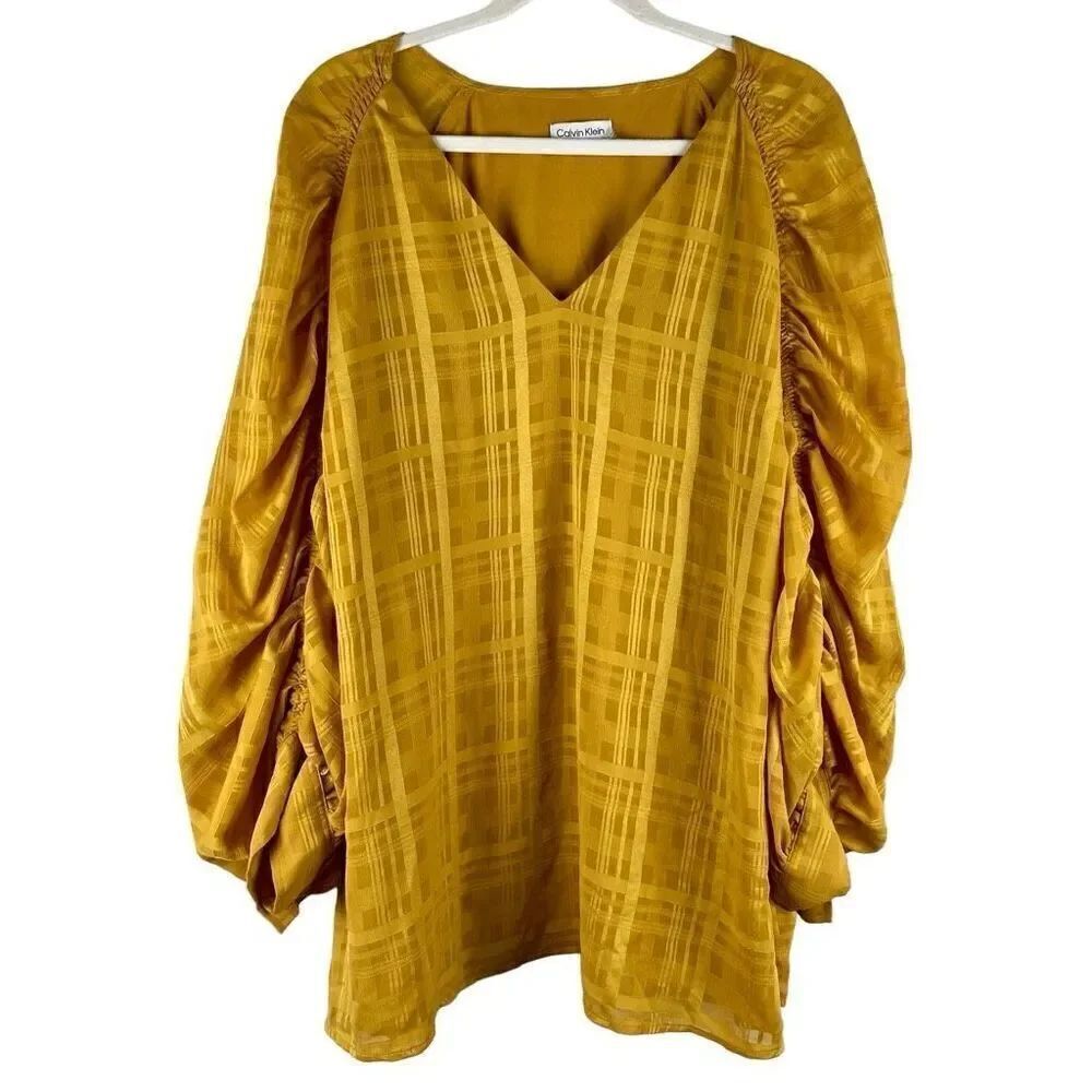 Calvin Klein Ruched Puff Sleeve Plaid V-neck Blouse 2X